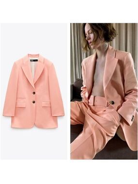 Zara peach pink blazer lapel collar single breasted Sz L NWOT